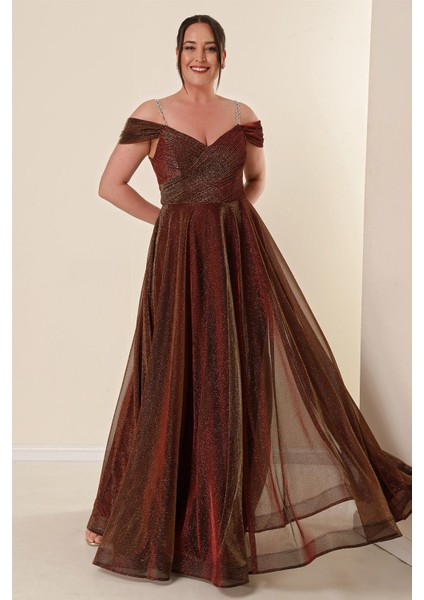 Askılı Düşük Kollu Astarlı Geniş Beden Aralıklı Uzun Simli Elbise Gold-Bakır