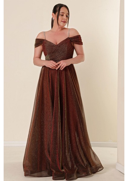 Askılı Düşük Kollu Astarlı Geniş Beden Aralıklı Uzun Simli Elbise Gold-Bakır fiyatları