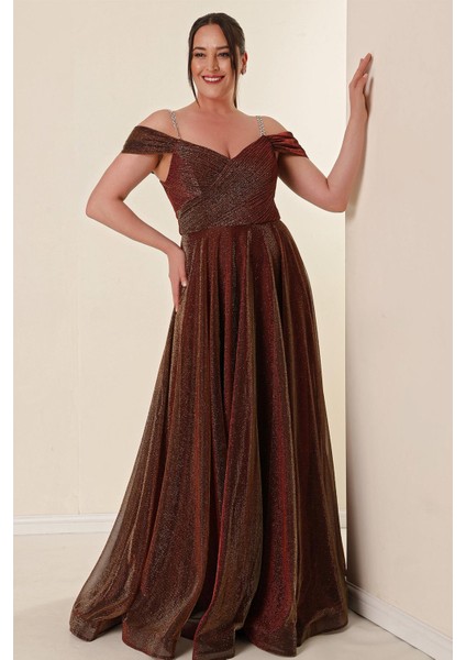 Askılı Düşük Kollu Astarlı Geniş Beden Aralıklı Uzun Simli Elbise Gold-Bakır modelleri