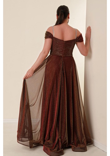 Askılı Düşük Kollu Astarlı Geniş Beden Aralıklı Uzun Simli Elbise Gold-Bakır fırsatları