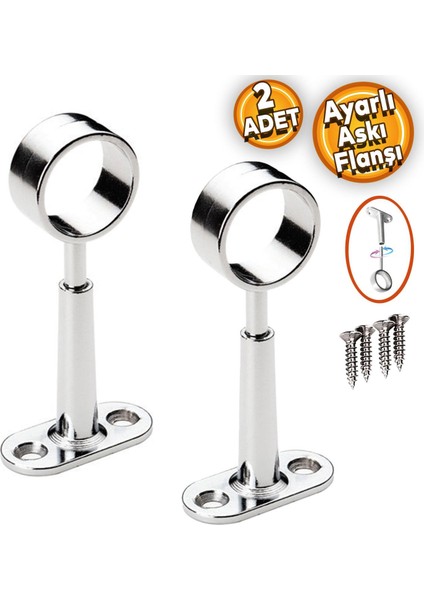 Ayarlanabilir Oval Boru Askı Flanşı Yuvarlak Dolap Elbise Askı Aparatı Elemanı Krom (2 Adet)