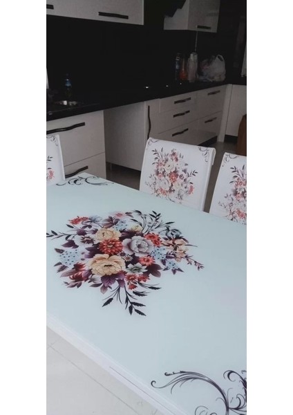 Yandan Açılır Cam Mutfak Masa Takımı 4 Sandalyeli 60X90CM Çiçek Buketi