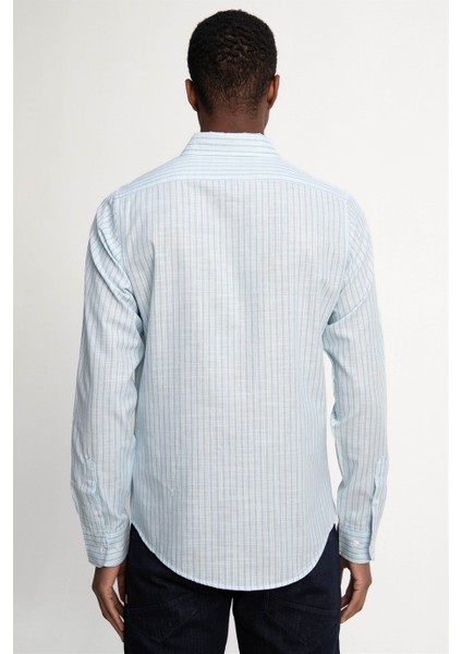 Slim Fit Uzun Kol Çizgili Keten Düğmeli Yaka Spor Erkek Gömlek fırsatları