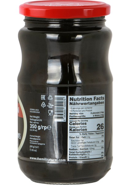 The Mill Fit Siyah Zeytin 350 g Cam Kavanoz - Süzme Ağırlık: 200 g - Maks. %2 Tuz - Çekirdekli - Kendi Salamurasında - Kuzey Ege Bölgesi Zeytinleri