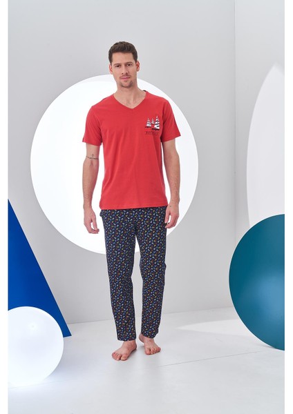 24306 Erkek V Yaka Desenli Pijama Takım