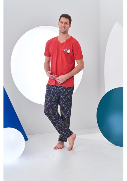 24306 Erkek V Yaka Desenli Pijama Takım