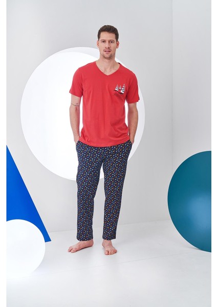 24306 Erkek V Yaka Desenli Pijama Takım