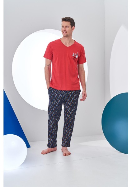 24306 Erkek V Yaka Desenli Pijama Takım