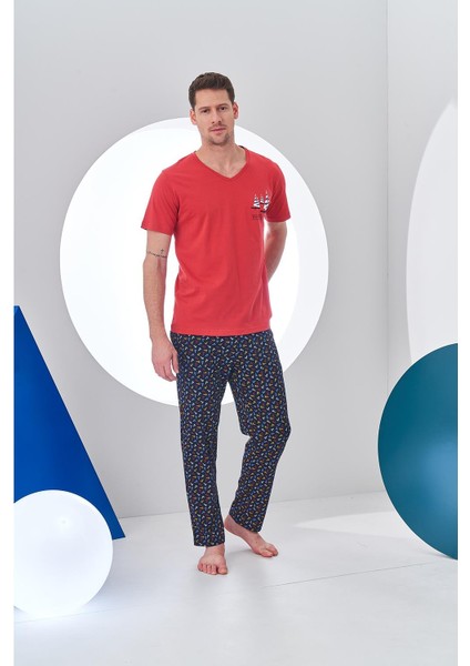 24306 Erkek V Yaka Desenli Pijama Takım