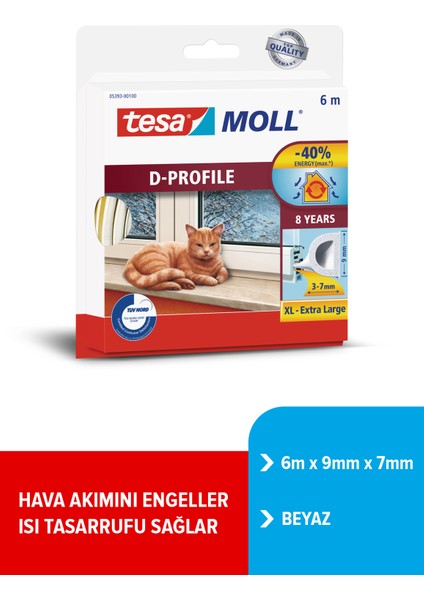 moll® D profil, Kapı Pencere Isı İzolasyon Bandı, Beyaz, 6m x 9mm x 7mm