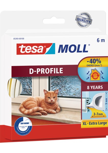 moll® D profil, Kapı Pencere Isı İzolasyon Bandı, Beyaz, 6m x 9mm x 7mm