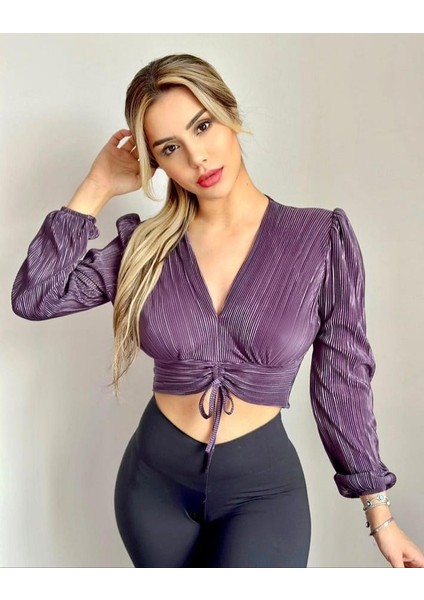 Kadın Zümra Krinkıl Büzgü Detaylı Crop Bluz ZMR-433