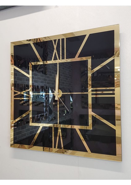 Golden Quare Black Model Altın Siyah Renk 60 Cm x 60 Cm Dekoratif Aynalı Duvar Saati
