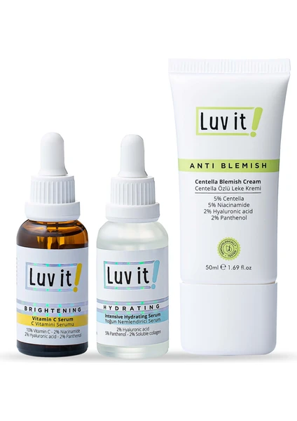 Luv it! Yoğun Nemlendirici Serum + C Vitamini Serumu + Centella Özlü Leke Kremi (3'lü Cilt Bakım Seti)