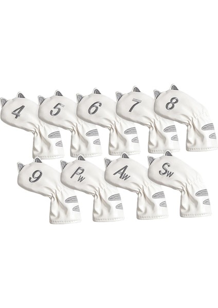 Golf Club Head, Açık Hava Aksesuarlarını Kapsar Kedi Desen Kalın Atıcı Headcover 9pcs Demir Beyaz (Yurt Dışından)