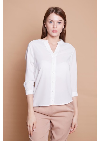 Hakim Yaka Truvakar Capri Kol Likrasız Şık Kumaş Ofis Gömlek-Krem