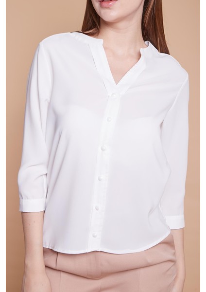 Hakim Yaka Truvakar Capri Kol Likrasız Şık Kumaş Ofis Gömlek-Krem fiyatları