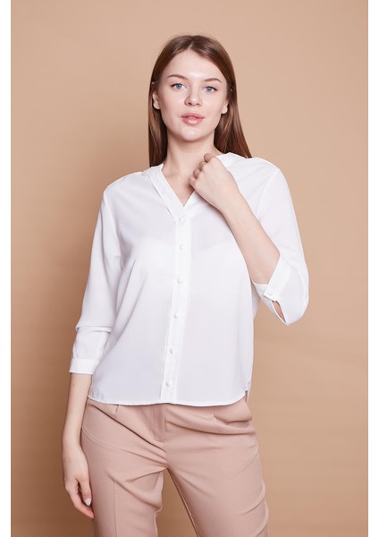 Hakim Yaka Truvakar Capri Kol Likrasız Şık Kumaş Ofis Gömlek-Krem modelleri