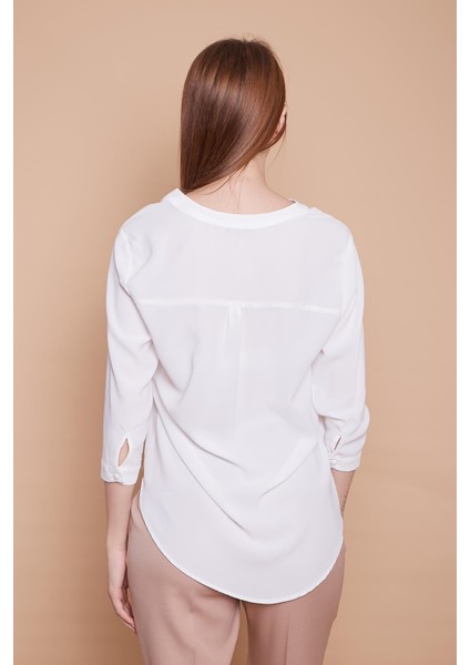 Hakim Yaka Truvakar Capri Kol Likrasız Şık Kumaş Ofis Gömlek-Krem fırsatları