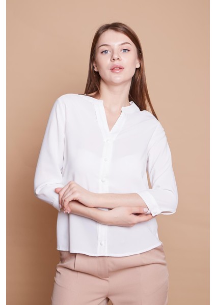 Hakim Yaka Truvakar Capri Kol Likrasız Şık Kumaş Ofis Gömlek-Krem indirimleri