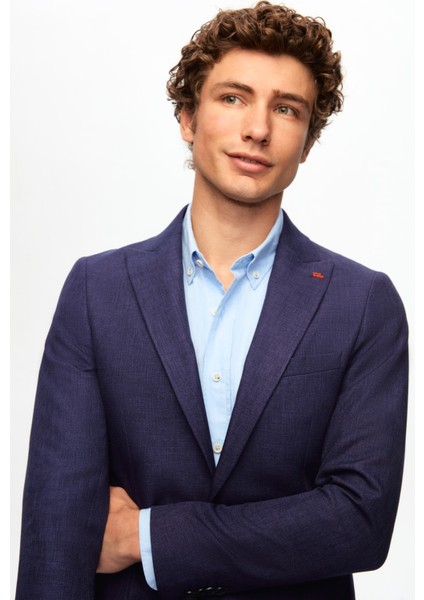 Slim Fit Lacivert Armürlü Kumaş Ceket 0EF04R106409D
