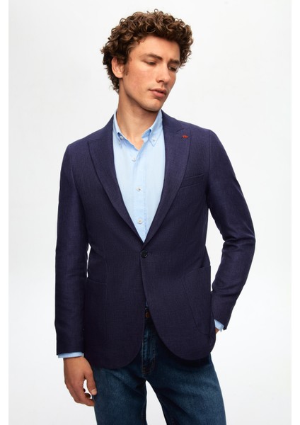 Slim Fit Lacivert Armürlü Kumaş Ceket 0EF04R106409D