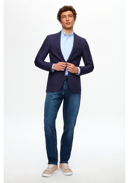 Slim Fit Lacivert Armürlü Kumaş Ceket 0EF04R106409D