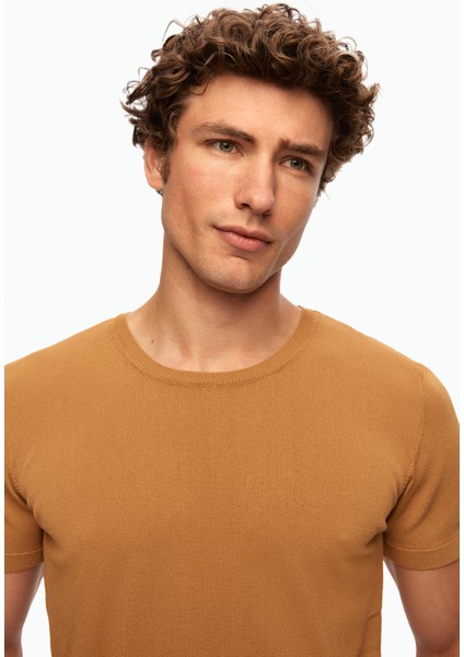 Slim Fit Camel Düz Örgü T-Shirt 0EF069421003M modelleri