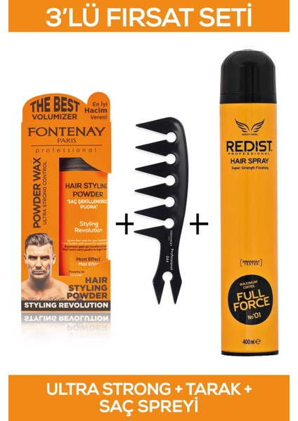 Saç Şekillendirici Pudra Toz Wax Ultra Strong Turuncu + Şekil Tarağı + Saç Sprey 3'Lü Set