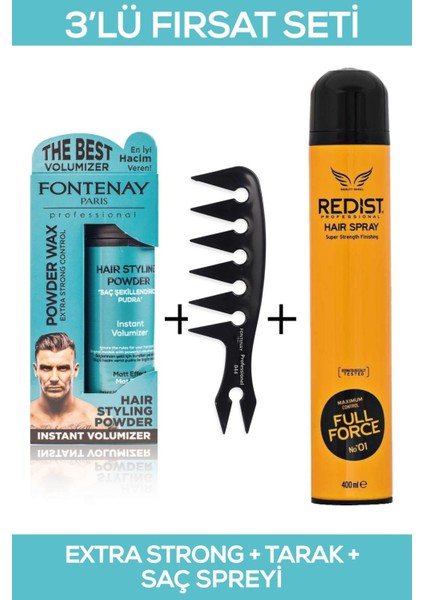 Saç Şekillendirici Pudra Toz Wax Matt Effect + Şekil Tarağı + Saç Sprey 3'Lü Set