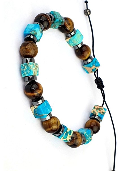 Turkuaz Kaplan Gözü ve Hematit Detaylı El Işi Doğal Taş Bileklik