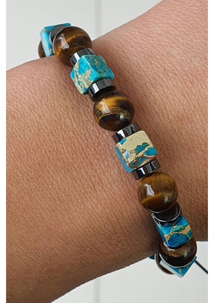 Turkuaz Kaplan Gözü ve Hematit Detaylı El Işi Doğal Taş Bileklik fiyatları