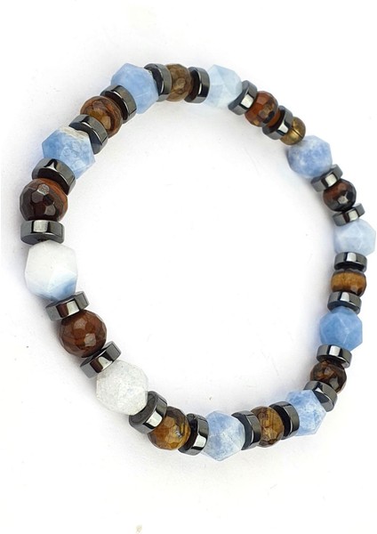 Aquamarın Hematit ve Kaplan Gözü Taşlı Doğal Taş Bileklik