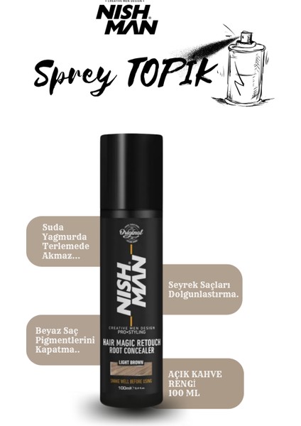 Root Touch Up Sprey Açık Kahve / Saç Dolgunlaştırıcı ve Seyrek Kapatıcı / Suda Yağmurda Akmaz 100ML