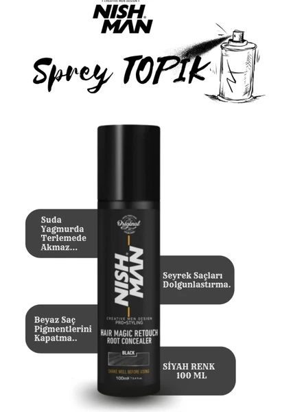 Root Touch-Up Sprey Siyah Renk / Saç Dolgunlaştırıcı ve Seyrek Kapatıcı / Suda Yağmurda Akmaz 100ML