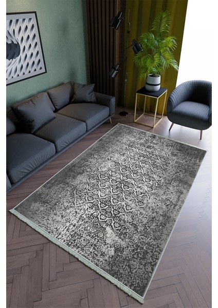 Salon Halısı Modern Gri Yolluk Kaymaz Yuvarlak Oval Kesme Ince Yıkanabilir Halı