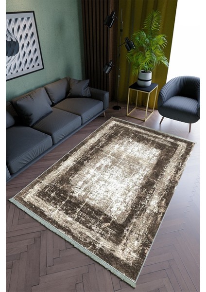 Salon Halısı Modern Kahverengi Yolluk Kaymaz Yuvarlak Oval Kesme Ince Yıkanabilir Halı