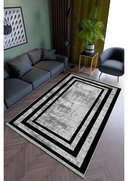 Salon Halısı Modern Gri Siyah Yolluk Kaymaz Yuvarlak Oval Kesme Ince Yıkanabilir Halı