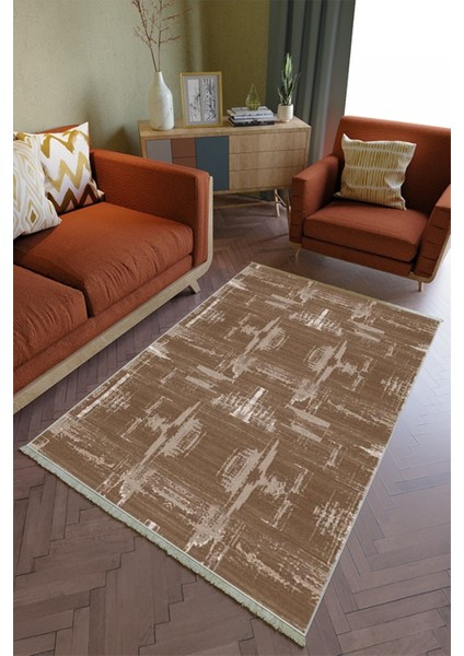 Salon Halısı Otantik Kahverengi Yolluk Kaymaz Yuvarlak Oval Kesme Ince Yıkanabilir Halı