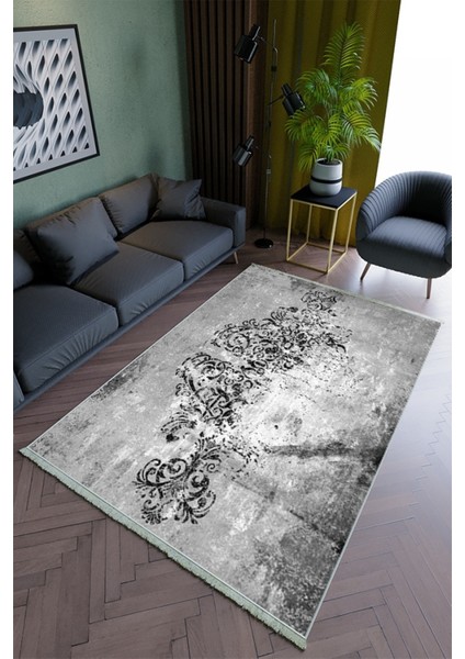 Salon Halısı Modern Gri Yolluk Kaymaz Yuvarlak Oval Kesme Ince Yıkanabilir Halı