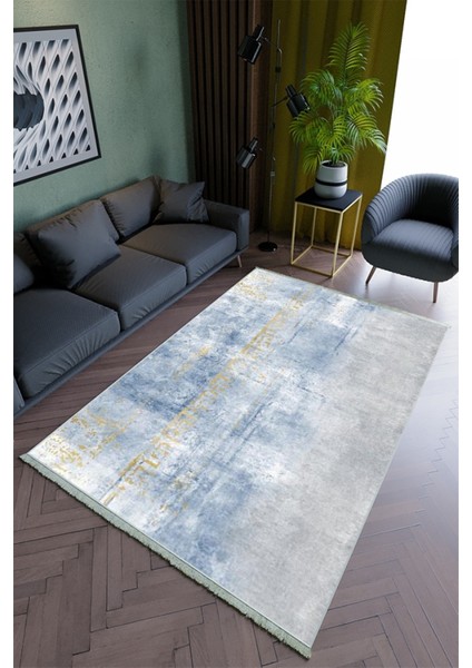 Salon Halısı Modern Mavi Gri Yolluk Kaymaz Yuvarlak Oval Kesme Ince Yıkanabilir Halı