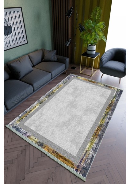 Salon Halısı Modern Gri Yolluk Kaymaz Yuvarlak Oval Kesme Ince Yıkanabilir Halı