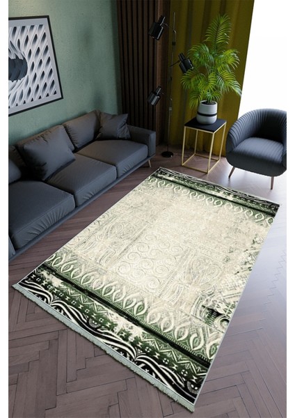 Salon Halısı Modern Yeşil Metalik Yolluk Kaymaz Yuvarlak Oval Kesme Ince Yıkanabilir Halı