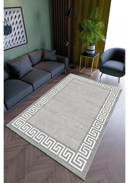 Salon Halısı Modern Beyaz - Gri Beyaz Yolluk Kaymaz Yuvarlak Oval Kesme Ince Yıkanabilir Halı