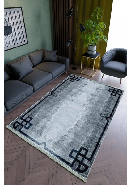 Salon Halısı Modern Lacivert Gri Yolluk Kaymaz Yuvarlak Oval Kesme Ince Yıkanabilir Halı
