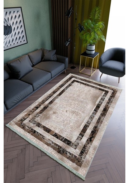 Salon Halısı Modern Kahverengi Bej Yolluk Kaymaz Yuvarlak Oval Kesme Ince Yıkanabilir Halı