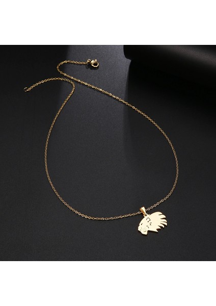 Titanyum Paslanmaz Çelik " Cesur Aslan Kafası " Kolyesi ( Gold )
