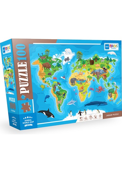 Blue Focus 100 Parça - Anımal World Map (Hayvan Dünya Haritası)