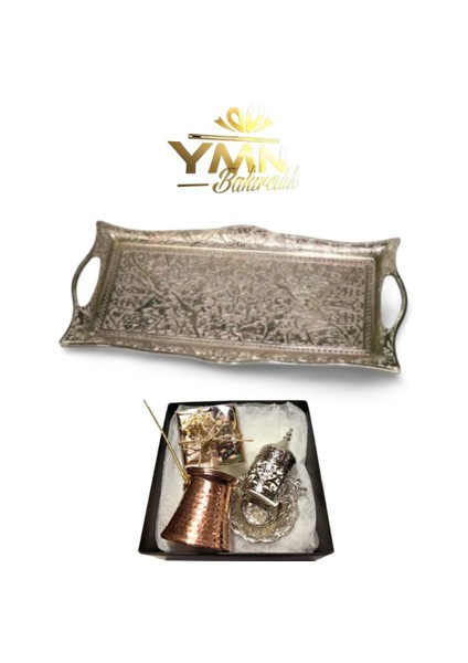 Gümüş Renk Kahve Fincanı + 3 Fincanlık Cezve + Lokumluk 2 Kişilik Tepsi