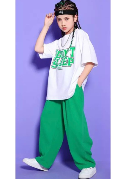 Özel Tasarım I Dont Sleep Baskılı %100 Pamuk Ispanyol Paça Hip Hop Kız Çocuk Yazlık Eşofman Takımı